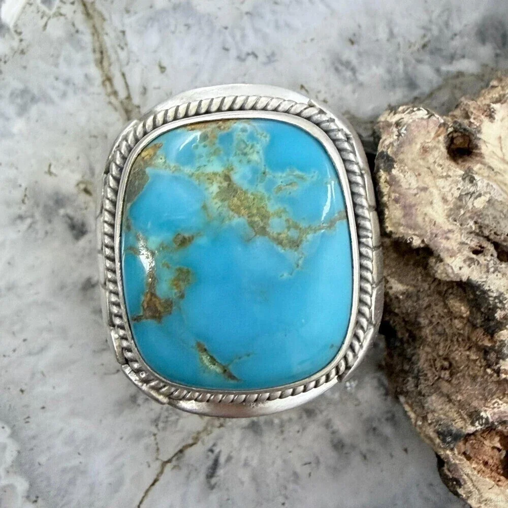 Native American Sterling Square Kingman Turquoise Shield Ring Size 11.25 For Men